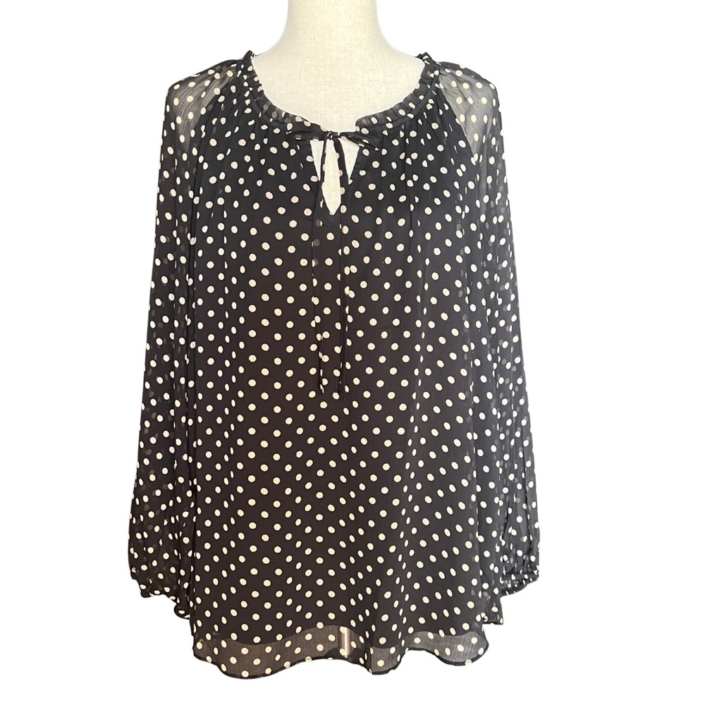 Elegant Tie Front Peasant Blouse - Black Clara Dot